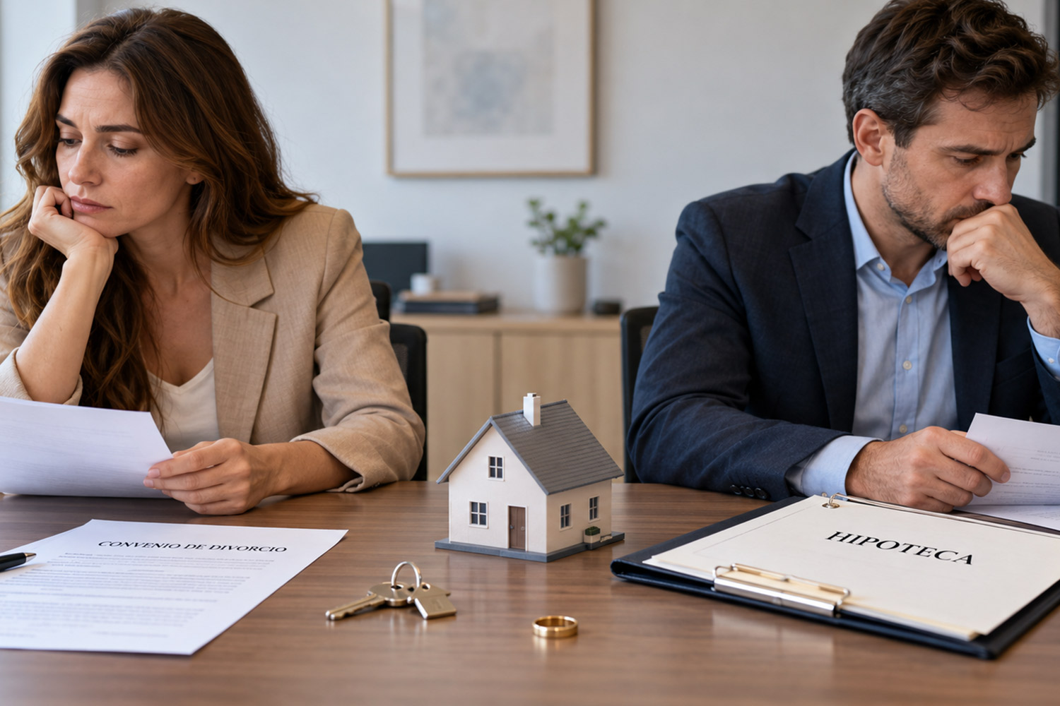 Parella en procés de divorci davant d'un habitatge, que representa la separació i les decisions sobre la hipoteca compartida.
